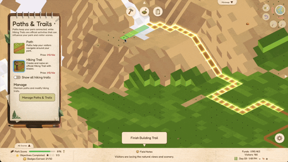 Gameplay GIF showing hiking trail building