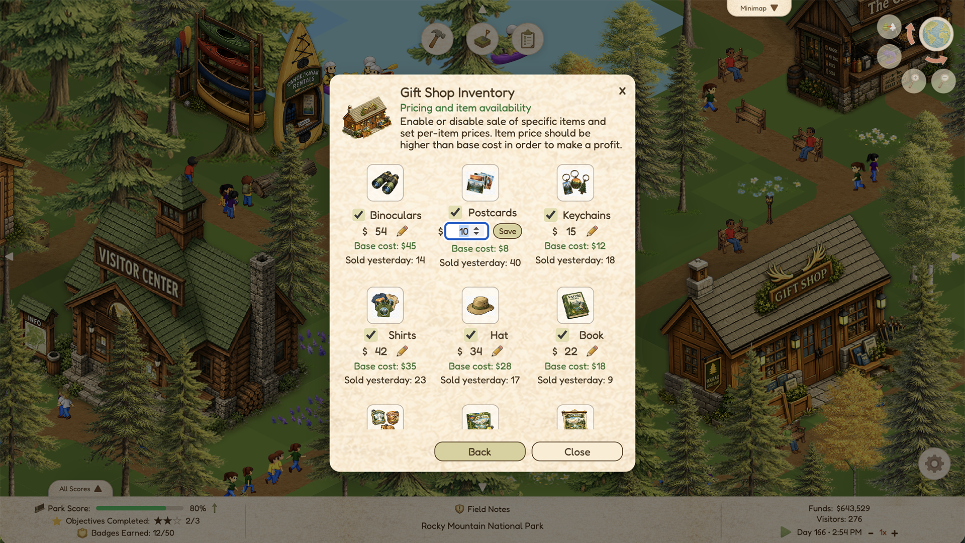 National Park Tycoon gift shop inventory screenshot